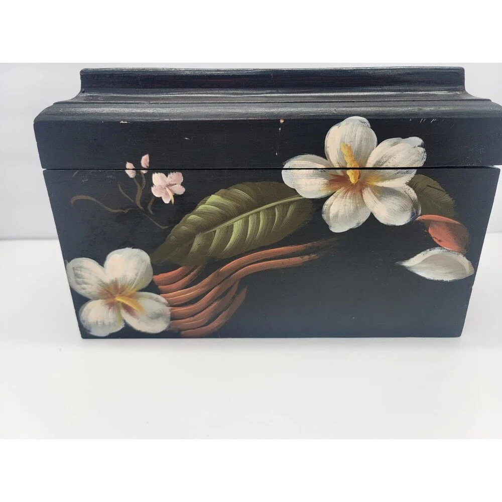 Vintage Wooden Hand Painted Hinged Trinket Box Floral